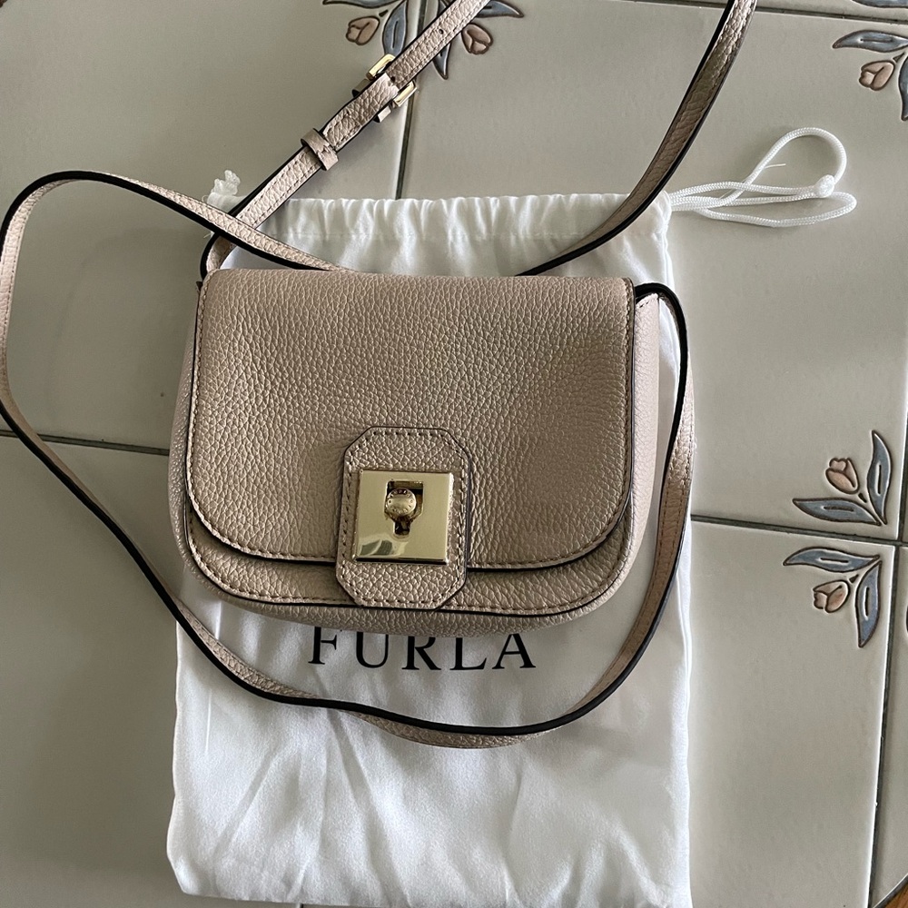 Furla Beige Crossbody Bag with Gold Accent 4 h, x 51/2.